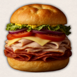 Load image into Gallery viewer, Deli sandwich with ham, salami, cheese, tomatoes, and lettuce on a bun.
